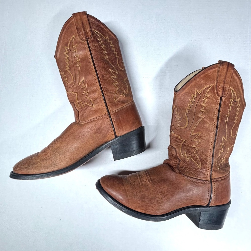 Old West Womens 6 Tan Leather Western Cowgirl Boots Classic Rodeo Round Toe - Picture 8 of 8